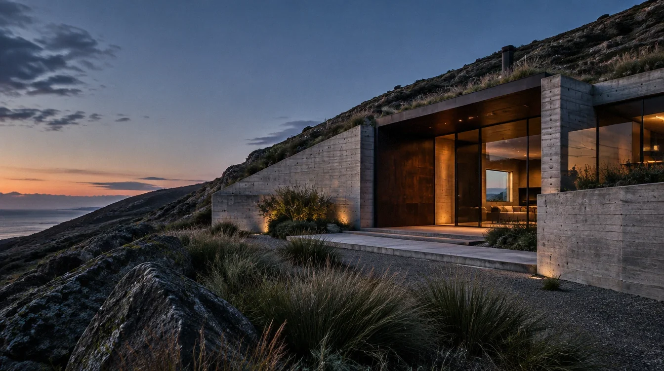 Conceptual concrete home built into a rocky hillside at dusk.