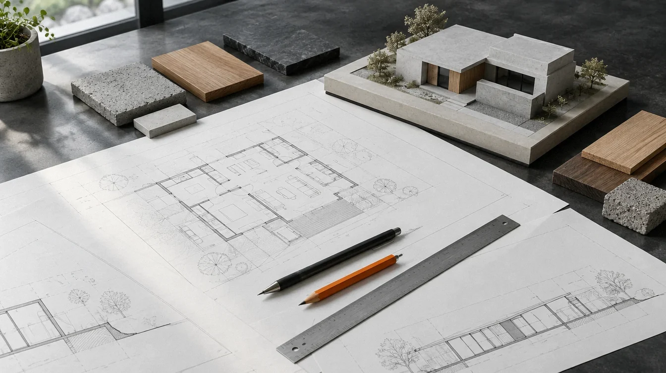 Conceptual architectural worktable with plans, material samples and a house model.