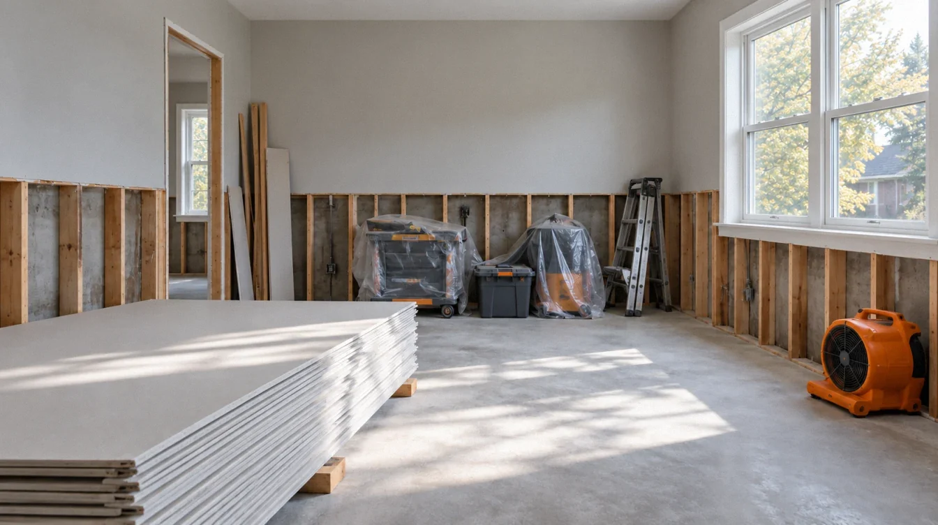 Conceptual room during reconstruction, with open wall framing and repair materials.